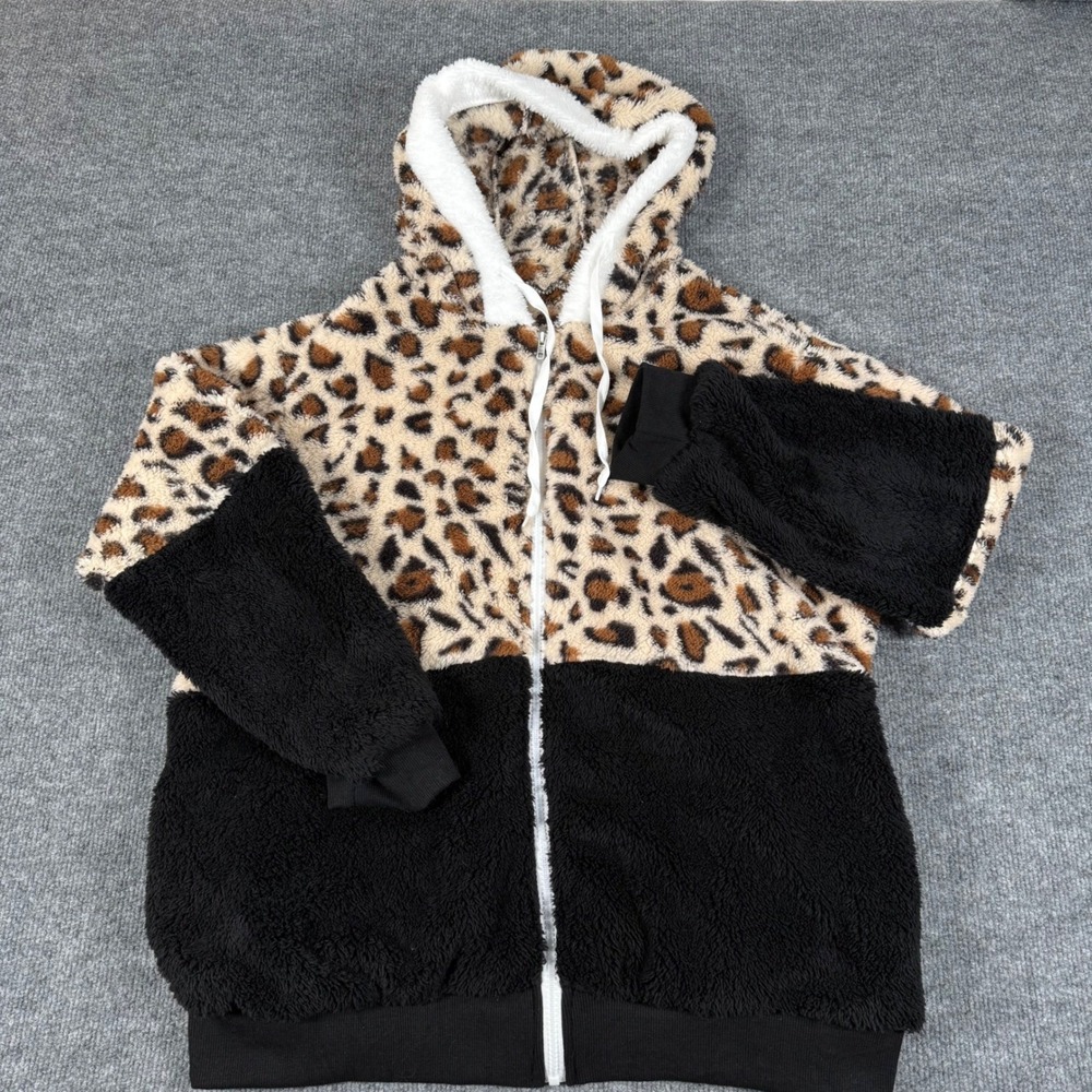 Womens XL Sherpa Leopard Animal Full Zip Hoodie Jacket Black Brown Cozy Warm